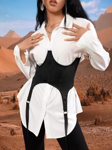 Button Up Shirt & Lace Up Back Corset - Black and White - View 6