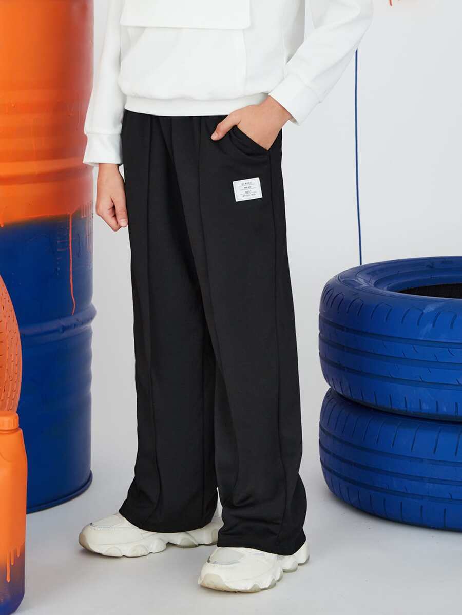 SHEIN Tween Boy Plain Patched Straight Leg Casual Pants, Spring Autumn