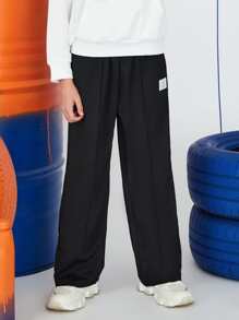 SHEIN Tween Boy Plain Patched Straight Leg Casual Pants, Spring Autumn