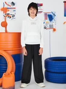 SHEIN Tween Boy Plain Patched Straight Leg Casual Pants, Spring Autumn