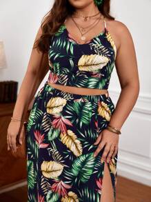 SHEIN VCAY Plus Tropical Print Cami Top & Split Thigh Skirt - Multicolor - View 3