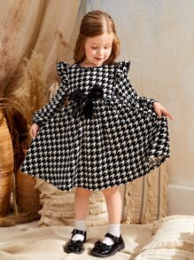 Leap Crew SHEIN Young Girl Fall/Winter Christmas  Elegant Houndstooth Print Bow Front Dress - Black and White - View 1