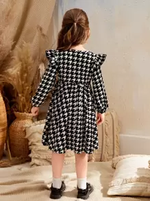 Leap Crew SHEIN Young Girl Fall/Winter Christmas  Elegant Houndstooth Print Bow Front Dress - Black and White - View 2