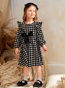 Leap Crew SHEIN Young Girl Fall/Winter Christmas  Elegant Houndstooth Print Bow Front Dress - Black and White - View 3