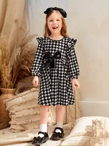 Leap Crew SHEIN Young Girl Fall/Winter Christmas  Elegant Houndstooth Print Bow Front Dress - Black and White - View 4