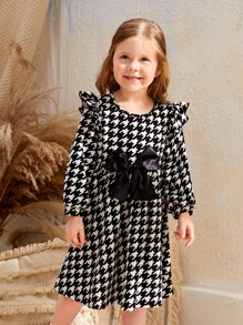 Leap Crew SHEIN Young Girl Fall/Winter Christmas  Elegant Houndstooth Print Bow Front Dress - Black and White - View 5
