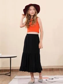 Niña preadolescente Casual Cómoda falda de longitud media para el verano - Negro - Ver 1