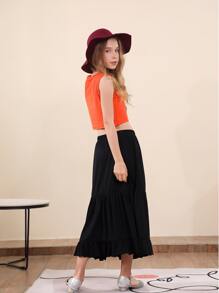 Niña preadolescente Casual Cómoda falda de longitud media para el verano - Negro - Ver 2