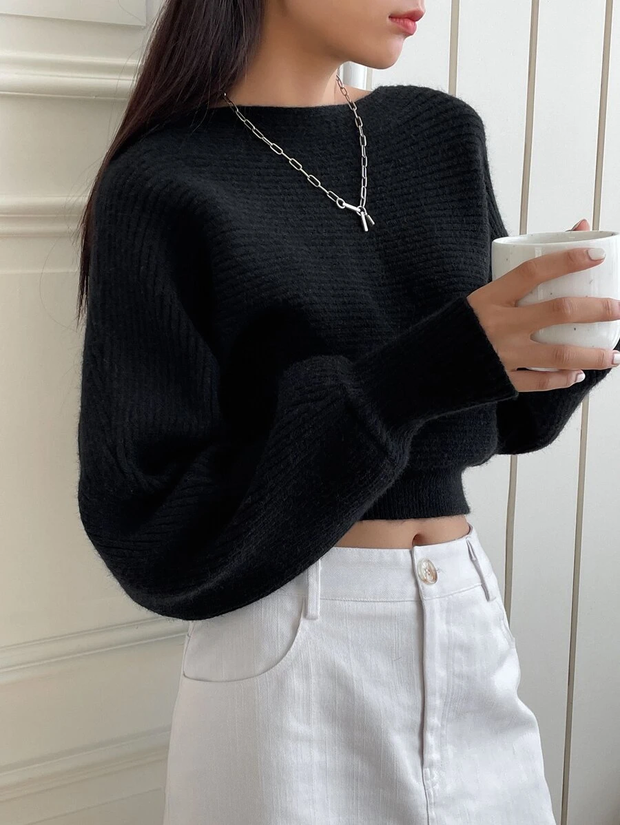 DAZY Áo len dệt kim gân tay Dolman mùa đông - màu đen - Xem 1