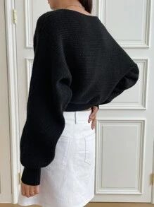 DAZY Áo len dệt kim gân tay Dolman mùa đông - màu đen - Xem 2