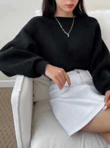 DAZY Áo len dệt kim gân tay Dolman mùa đông - màu đen - Xem 4