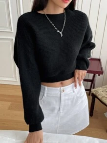 DAZY Áo len dệt kim gân tay Dolman mùa đông - màu đen - Xem 5