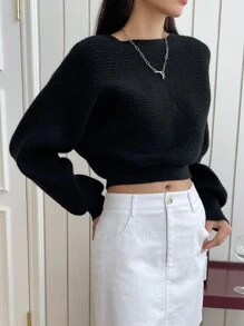 DAZY Áo len dệt kim gân tay Dolman mùa đông - màu đen - Xem 6