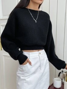 DAZY Áo len dệt kim gân tay Dolman mùa đông - màu đen - Xem 7