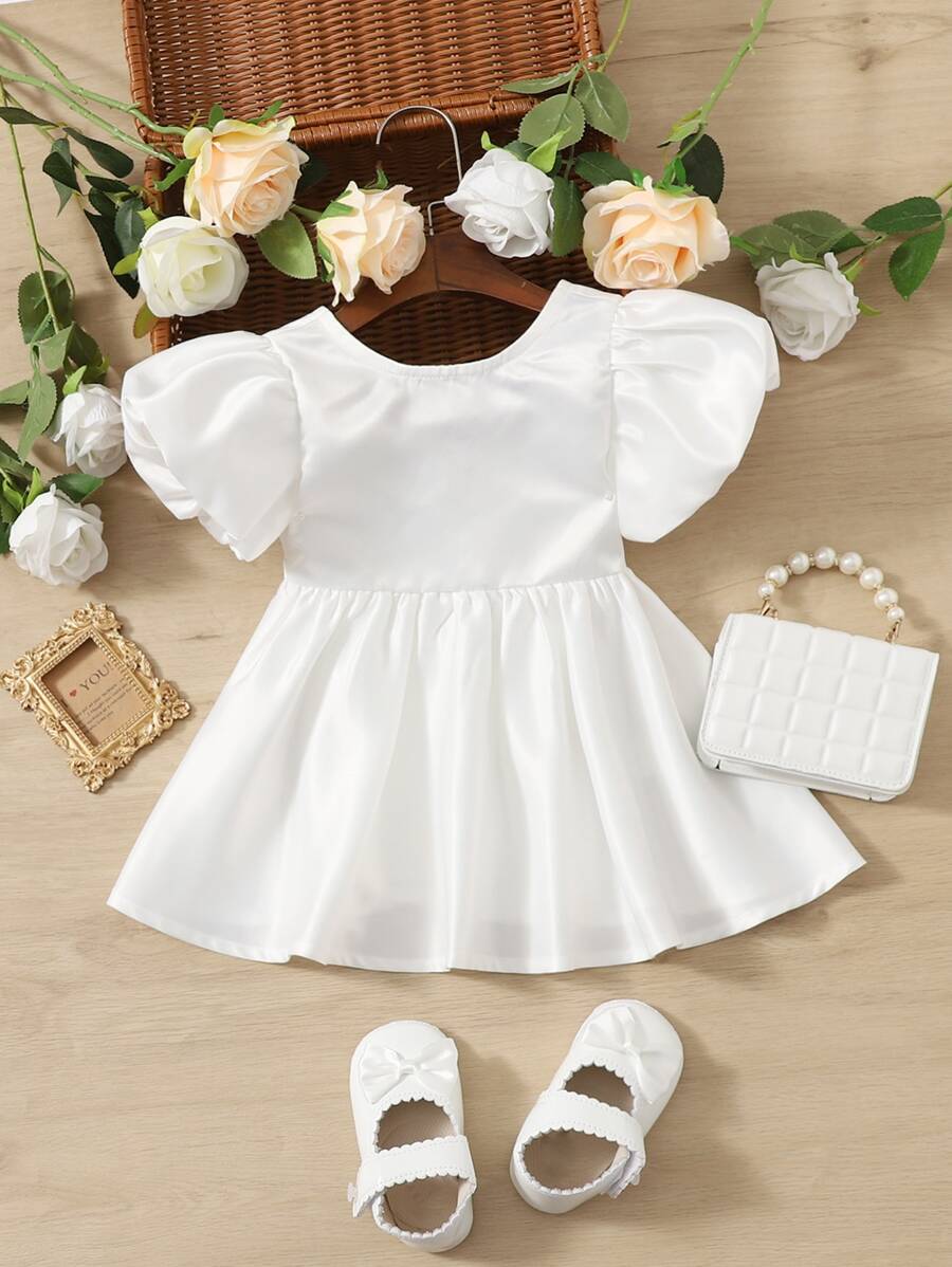 Baby Girl Solid Puff Sleeve Dress - White - View 1