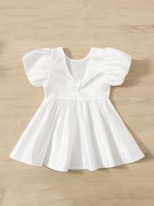 Baby Girl Solid Puff Sleeve Dress - White - View 2