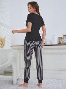 Eyelash & Letter Graphic Tee & Striped Trousers PJ Set - Black - View 2