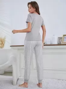 Eyelash & Letter Graphic Tee & Striped Trousers PJ Set