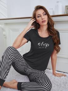 Eyelash & Letter Graphic Tee & Striped Trousers PJ Set - Black - View 6