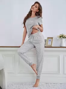 Eyelash & Letter Graphic Tee & Striped Trousers PJ Set