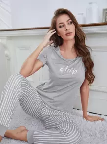 Eyelash & Letter Graphic Tee & Striped Trousers PJ Set