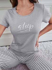 Eyelash & Letter Graphic Tee & Striped Trousers PJ Set