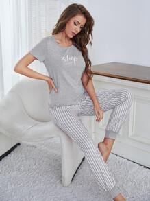Eyelash & Letter Graphic Tee & Striped Trousers PJ Set