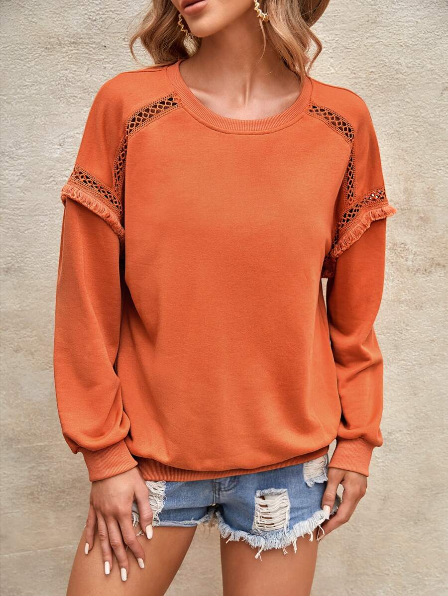 SHEIN LUNE 水溶蕾絲拼接運動衫 - 橘色 - 查看 1