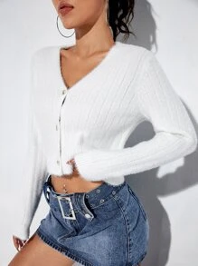 Solid Fluffy Knit Cardigan - White - View 1