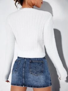 Solid Fluffy Knit Cardigan - White - View 2