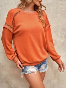 SHEIN LUNE 水溶蕾絲拼接運動衫 - 橘色 - 查看 4