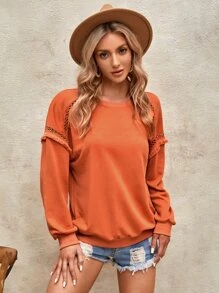 SHEIN LUNE 水溶蕾絲拼接運動衫 - 橘色 - 查看 5