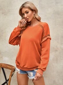 SHEIN LUNE 水溶蕾絲拼接運動衫 - 橘色 - 查看 6