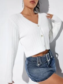 Solid Fluffy Knit Cardigan - White - View 5