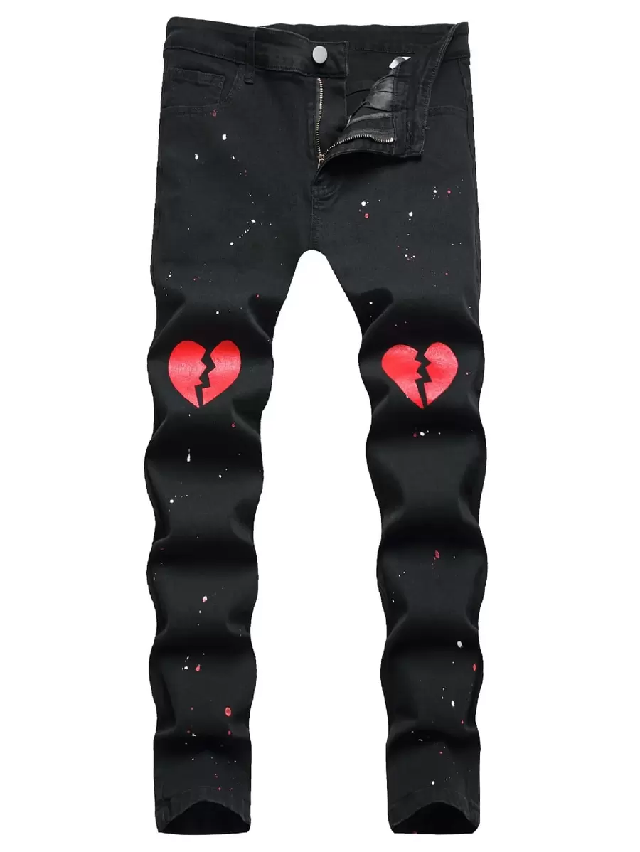 Manfinity Men Heart & Paint Drip Print Jeans - Black - View 1
