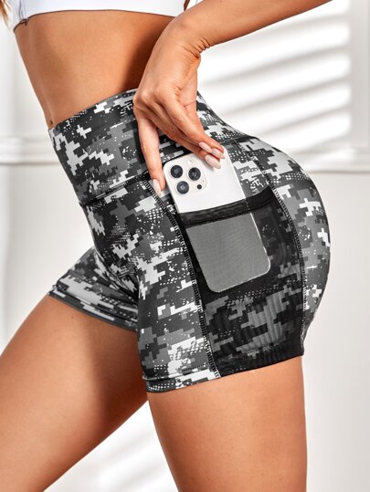 Camo Print Mesh Insert Sports Biker Shorts With Phone Pocket