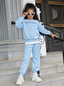 SHEIN Bộ hai mảnh Gái Đắp vá Túi Slogan Giải trí - Màu xanh nhạt - Xem 3