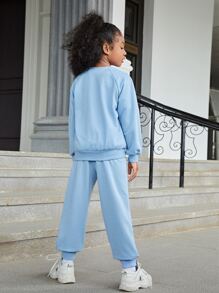 SHEIN Bộ hai mảnh Gái Đắp vá Túi Slogan Giải trí - Màu xanh nhạt - Xem 2