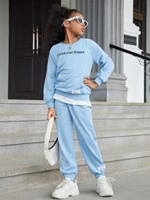 SHEIN Bộ hai mảnh Gái Đắp vá Túi Slogan Giải trí - Màu xanh nhạt - Xem 4