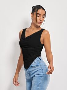 SHEIN BAE Cowl Neck Lettuce-Edge Bandana Tank Top - Black - View 5