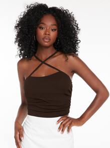 SHEIN Essnce Solid Crisscross Cami Top - Chocolate Brown - View 5