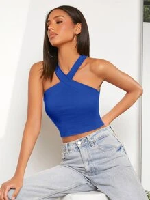 Muchica Rib Knit Halter Crop Top, Going Out Top - Royal Blue - View 6