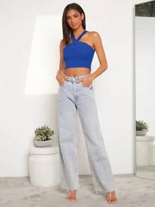 Muchica Rib Knit Halter Crop Top, Going Out Top - Royal Blue - View 4
