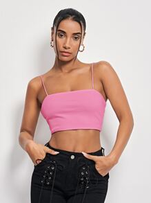 SHEIN Essnce Áo hai dây Gân đan màu trơn Giải trí - Hồng - Xem 1