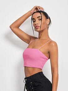 SHEIN Essnce Áo hai dây Gân đan màu trơn Giải trí - Hồng - Xem 3
