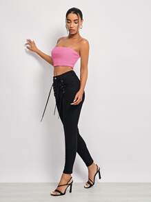 SHEIN Essnce Áo hai dây Gân đan màu trơn Giải trí - Hồng - Xem 4