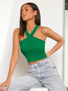 Muchica Rib Knit Halter Crop Top, Going Out Top - Green - View 5