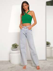 Muchica Rib Knit Halter Crop Top, Going Out Top - Green - View 3