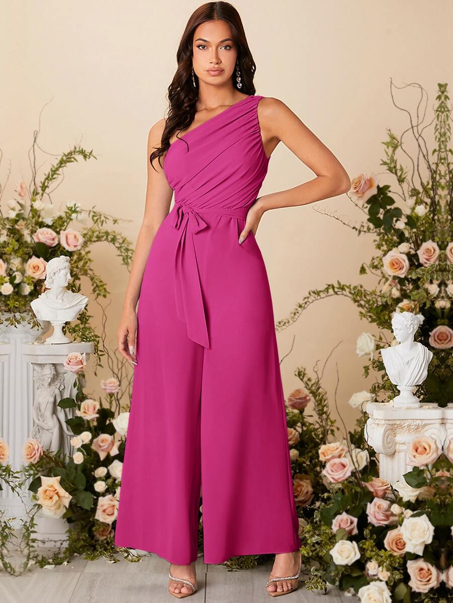SHEIN Belle Áo liền quần nữ Thắt lưng Xù Dây kéo màu trơn Thanh lịch - Màu Hồng Tươi - Xem 1