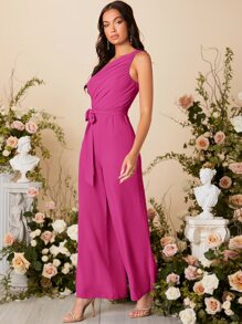 SHEIN Belle Áo liền quần nữ Thắt lưng Xù Dây kéo màu trơn Thanh lịch - Màu Hồng Tươi - Xem 3